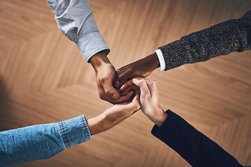 Poster - Teamwork, link or hands of business people for diversity, community support or planning startup strategy. Vision, above or employees in group collaboration with faith, help or hope for goals together