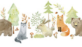 Fototapeta Dziecięca - Watercolor forest wildlife seamless border with animals. Cute cartoon characters.