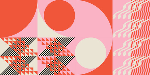 Fototapete - Modern abstract geometric  vector seamless pattern with simple elements and shapes like circle, square and triangle. Graphic pastel colored minimalist background.