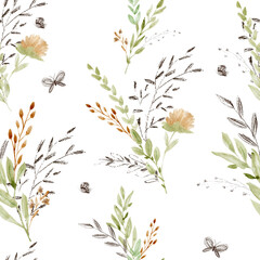 Wall Mural - Watercolor floral seamless pattern with leaves and peonies. Sepia graphics.