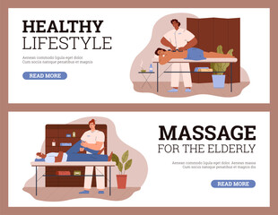 Wall Mural - Massage therapy advertising web banners set, flat vector illustration.