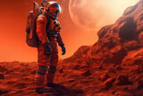 Fototapeta Kosmos - An astronaut is standing on the red planet, in the style of realistic portraitures. Generated AI.