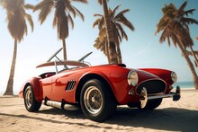 Red Vintage Car On A Beach By A Palm Tree, In The Style Of Technological Marvels. Generated AI.