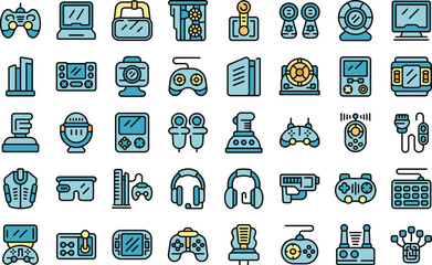 Poster - Game accessories icons set outline vector. Videogame controller. Gamer computer thin line color flat on white