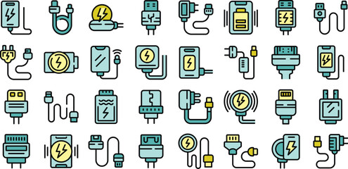 Wall Mural - Phone charger icons set outline vector. Mobile cable Mobile cord thin line color flat on white