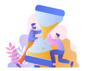 Poster - Schedule planning concept. Men turn hourglass. Setting deadlines and tasks, time management and organizing efficient workflow. Colleagues and partners. Cartoon flat vector illustration