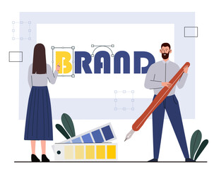 Poster - brand creation concept. woman and man with pencil near multicolored letters. graphic designers desig