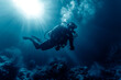 Scuba Diver near the sea bottom of the deep blue ocean. Generative ai edited