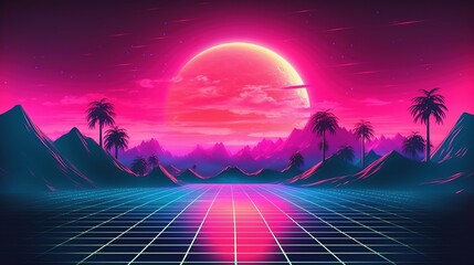 Wall Mural - Generative AI, 80s retro futuristic sci-fi., nostalgic 90s. Night and sunset neon colors, cyberpunk vintage illustration. Sun, mountains and palms. Retrowave VJ videogame landscape.