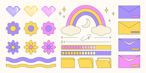 Poster - Trendy Y2K vector set of graphic objects, design elements, decorations, flowers, pixel hearts, rainbow and other.