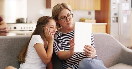Poster - Selfie, smile and a mother and child with a tablet for fun, bonding and funny faces on the sofa. Family, happy and a mom and girl kid taking a photo with tech on the living room sofa for social media