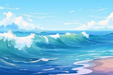 Wall Mural - A beach scene with a blue wave, ocean wave. Generative AI