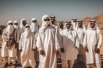 many arab men in the desert. Neural network AI generated art Generative AI