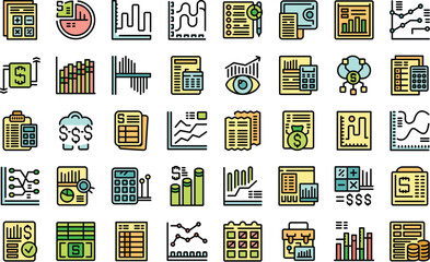Poster - Financial report icons set outline vector. Budget value. Manager business thin line color flat on white