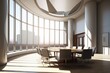 Modern interior for a meeting room or a business conference room with a rounded table and chairs. Meeting room with large windows and a nice scenery background view. Generative AI