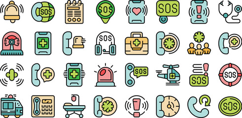 Sticker - Emergency call icons set outline vector. Ambulance car. Call center thin line color flat on white
