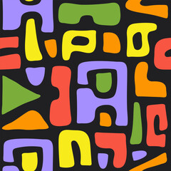 Poster - Abstract seamless pattern with bright colorful organic cut out shapes on a black background. Trendy vector collage.