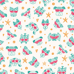 Hand Drawn Doodle Cute Stylish Trendy Hipster Dogs with Sunglasses Vector Seamless pattern