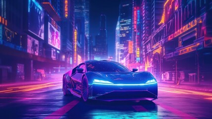 Shiny futuristic sports car on a blurred cyberpunk city street background with bright neon lights. Bokeh effect. Future concept. Generative AI