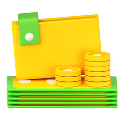 3d rendered wallet with money and coin isolated on the transparent background