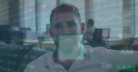 Poster - Animation of stock market data processing and sqaure shapes over caucasian man smiling at office