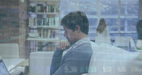 Poster - Animation of stock market data processing over thoughtful caucasian man using laptop at office