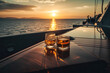 © MVProductions - View from a table with whiskey from luxury yacht in sunset. Having fun on luxury boat sailing in the ocean on summer vacation. Generative AI