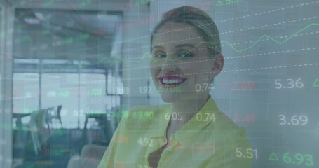 Poster - Animation of stock market data processing against caucasian woman smiling at office