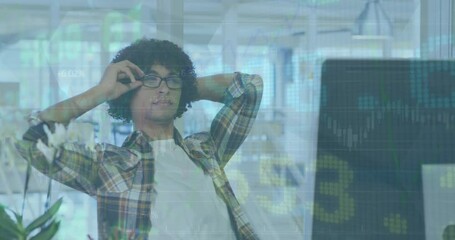 Poster - Animation of stock market data processing against biracial man using smartphone at office