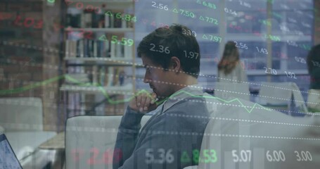 Poster - Animation of stock market data processing over thoughtful caucasian man using laptop at office