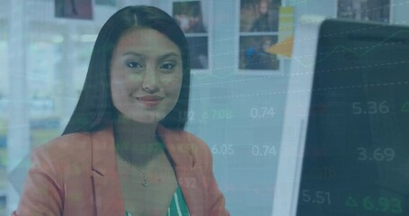 Poster - Animation of stock market data processing against asian woman using laptop and smiling at office