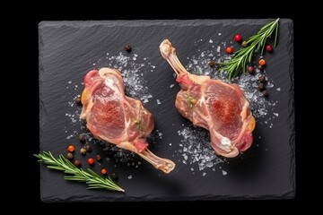 A beautiful plate of two quail meats artfully arranged on a black slate background with fresh rosemary and other herbs. AI Generative