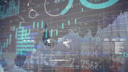 Poster - Animation of interface with statistical and stock market data processing against cityscape