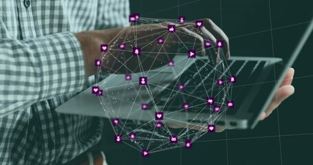 Poster - Animation of globe of digital icons spinning over mid section of a man using a laptop at office