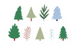 Fir trees set, cute hand drawn flat vector illustration isolated on white background. Various cartoon trees. Concepts of forest, nature, woods and Christmas winter holiday.