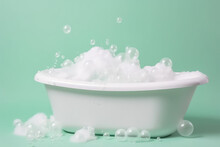 Classic White Bathtub With Soap Foam And Bubbles Isolated On Flat Pastel Green Background With Copy Space. Generative AI Professional Photo Imitation. Minimal Style.
