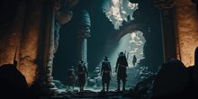 Close Up Movie Still Of A Group Of Explorers Finding Ancient Abandoned Temple Inside A Huge Cavern. Generative AI AIG16.