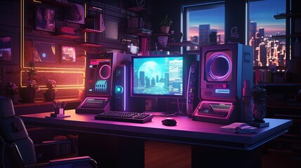 Generative AI, Computer on the table in cyberpunk style, nostalgic 80s, 90s. Neon night lights vibrant colors, photorealistic horizontal illustration of the futuristic interior. Technology concept..