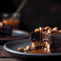 Wall Mural - Beautiful tasty chocolate dessert with nuts and caramel on plate for modern menu concept