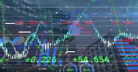 Poster - Animation of stock market, financial and statistical data processing against view of tall buildings