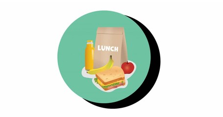 Wall Mural - Animation of lunch box icon over green blue ciruclar banner against white background