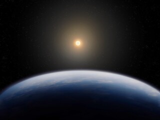Sun above the disk of the planet Earth, view from space. Beauty of a blue planet, satellite image.