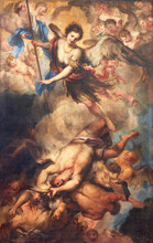 GENOVA, ITALY - MARCH 5, 2023: The Painting Of St. Michael Archangel In The Church Basilica Di Santa Maria Delle Vigne By Gregorio De Ferrari (1647 - 1726).