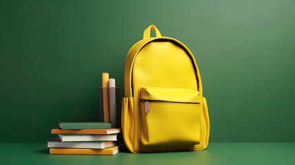 Yellow school bag with books and accessory on empty green chalkboard. Back to school concept background