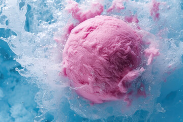 One bath bomb with foam in water. Water bombshell, creative wallpaper in pink blue colors. Close-up, concept of handmade bombs. Generative AI professional photo imitation.