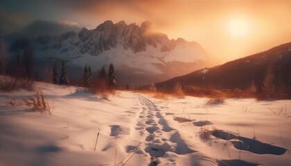 Poster - Majestic mountain range, tranquil sunset, yellow sunlight generated by AI