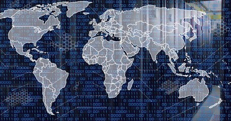 Poster - Animation of world map and binary coding data processing against computer server room