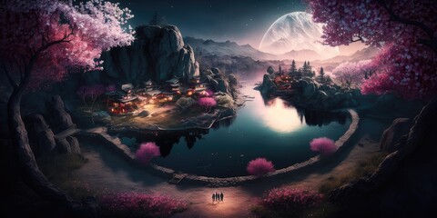 Wall Mural - fantasy magical landscape with pink blossoms and blue lagoon lake. superlative generative ai image.