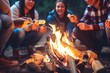 © InputUX - Group of friends talking and laughing around a campfire during autumn, creating warm memories and embracing companionship, generative ai