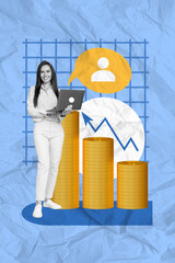 Canvas Print - Collage advert new market stats growing budget stock broker woman arrow increase hold laptop remote job isolated on blue plaid background